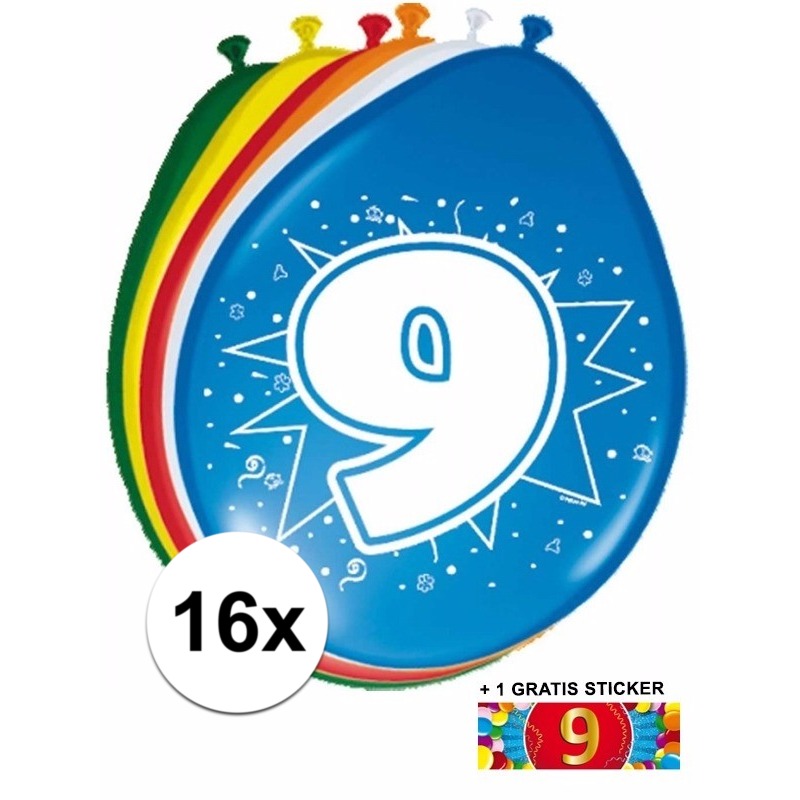 Ballonnen 9 jaar van 30 cm 16 stuks + gratis sticker