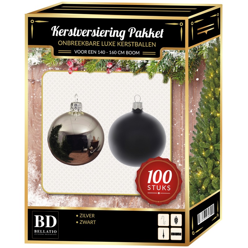 100 stuks Kerstballen mix zilver-zwart voor 150 cm boom