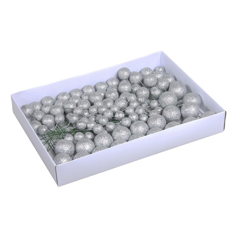100x Zilveren glitter mini kerstballen stekers kunststof 2-3-4 cm
