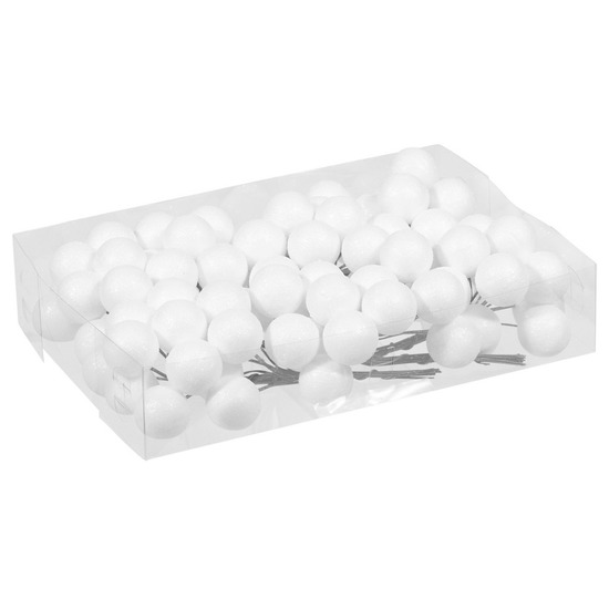 10x Bundeltjes met 8x witte glitter mini kerstballen stekers kunststof 3 cm -