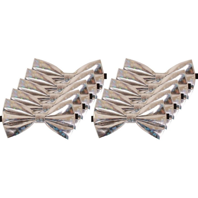 10x Holografische vlinderstrikjes zilver 13 cm voor dames/heren