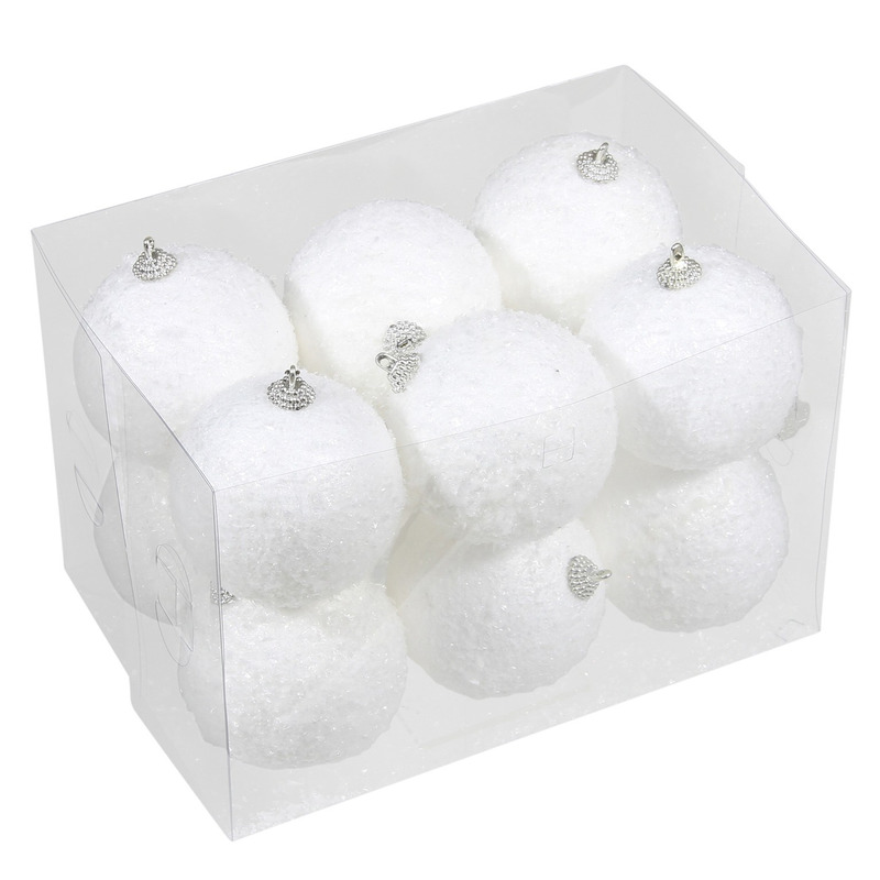 12x Kleine kunststof kerstballen met sneeuw effect wit 8 cm