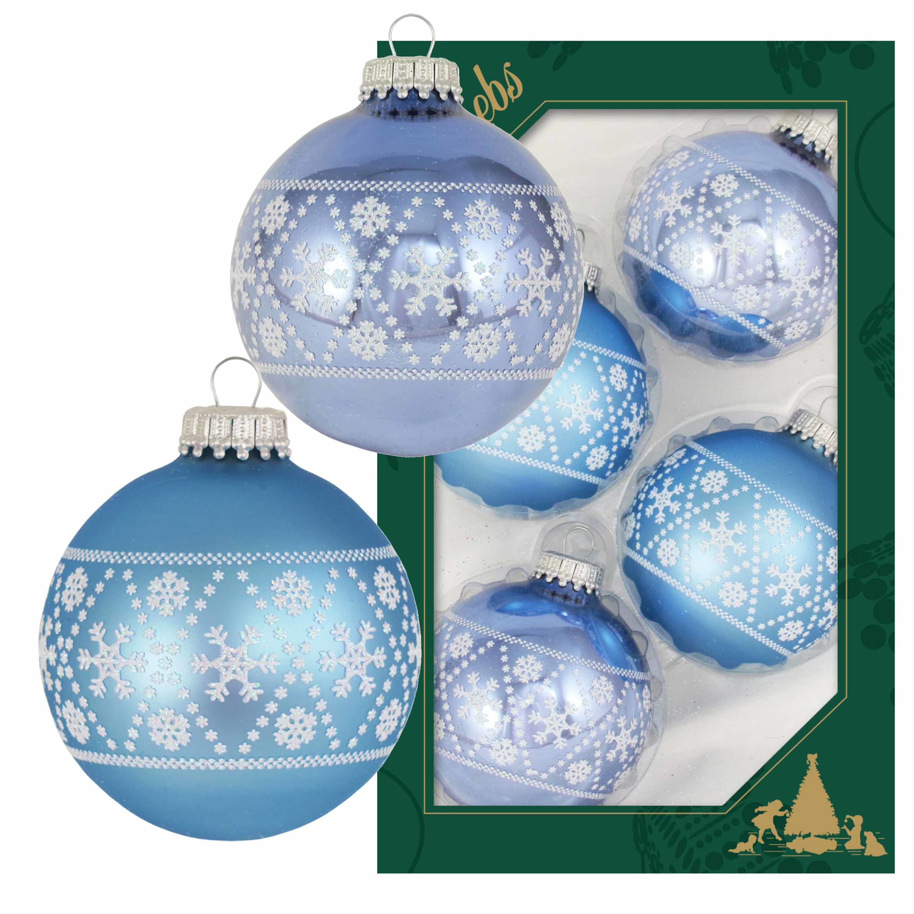 12x Luxe blauwe glazen kerstballen met witte sneeuwvlokken 7 cm