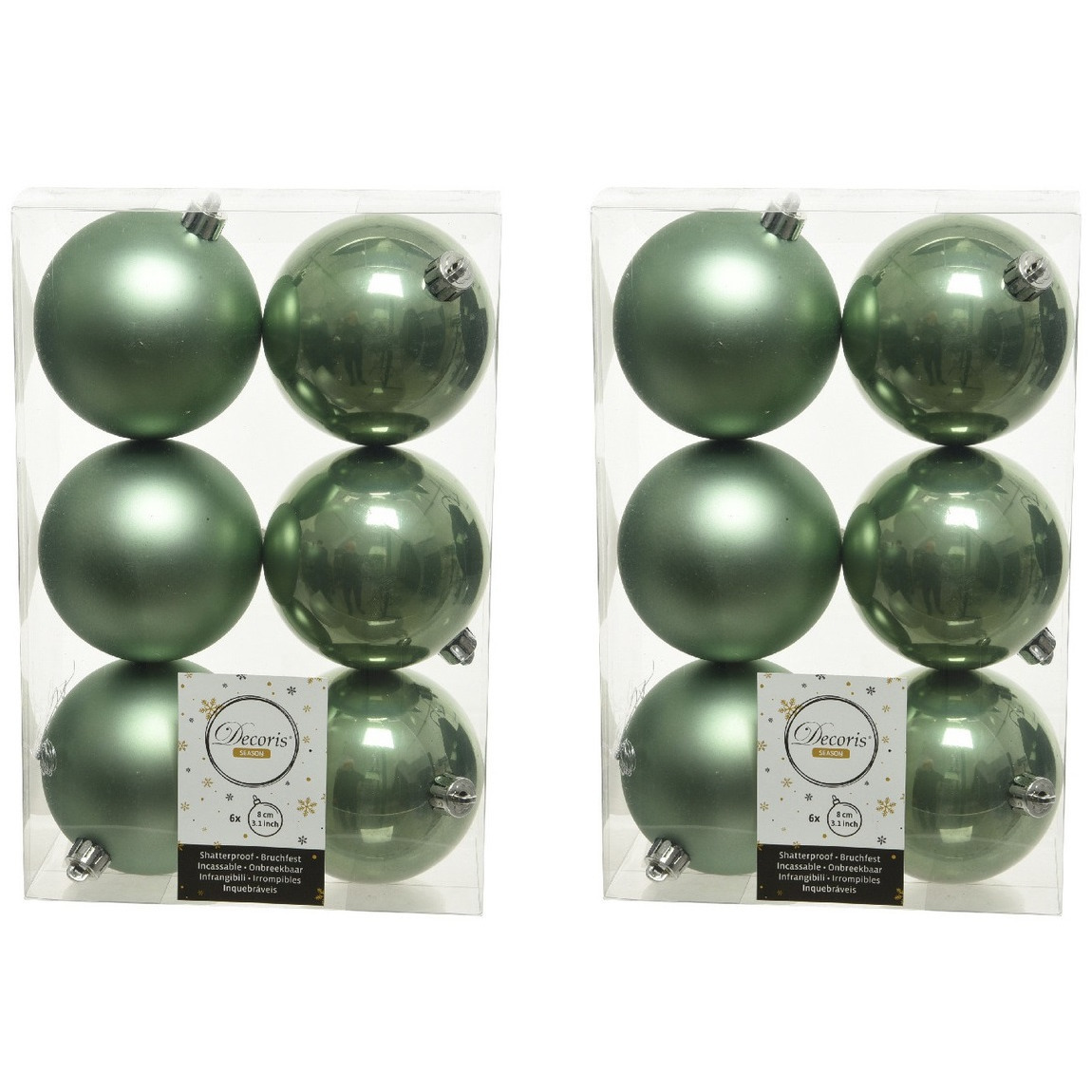 12x Salie groene kerstballen 8 cm kunststof mat-glans