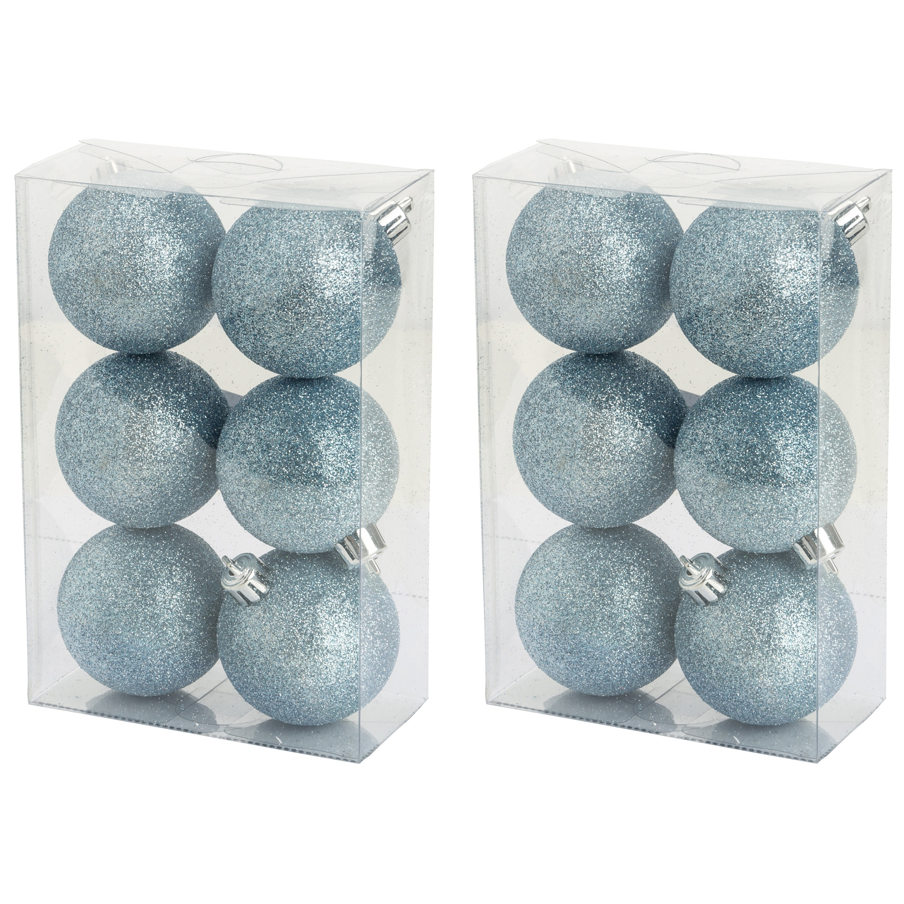 12x stuks kunststof glitter kerstballen ijsblauw 6 cm -