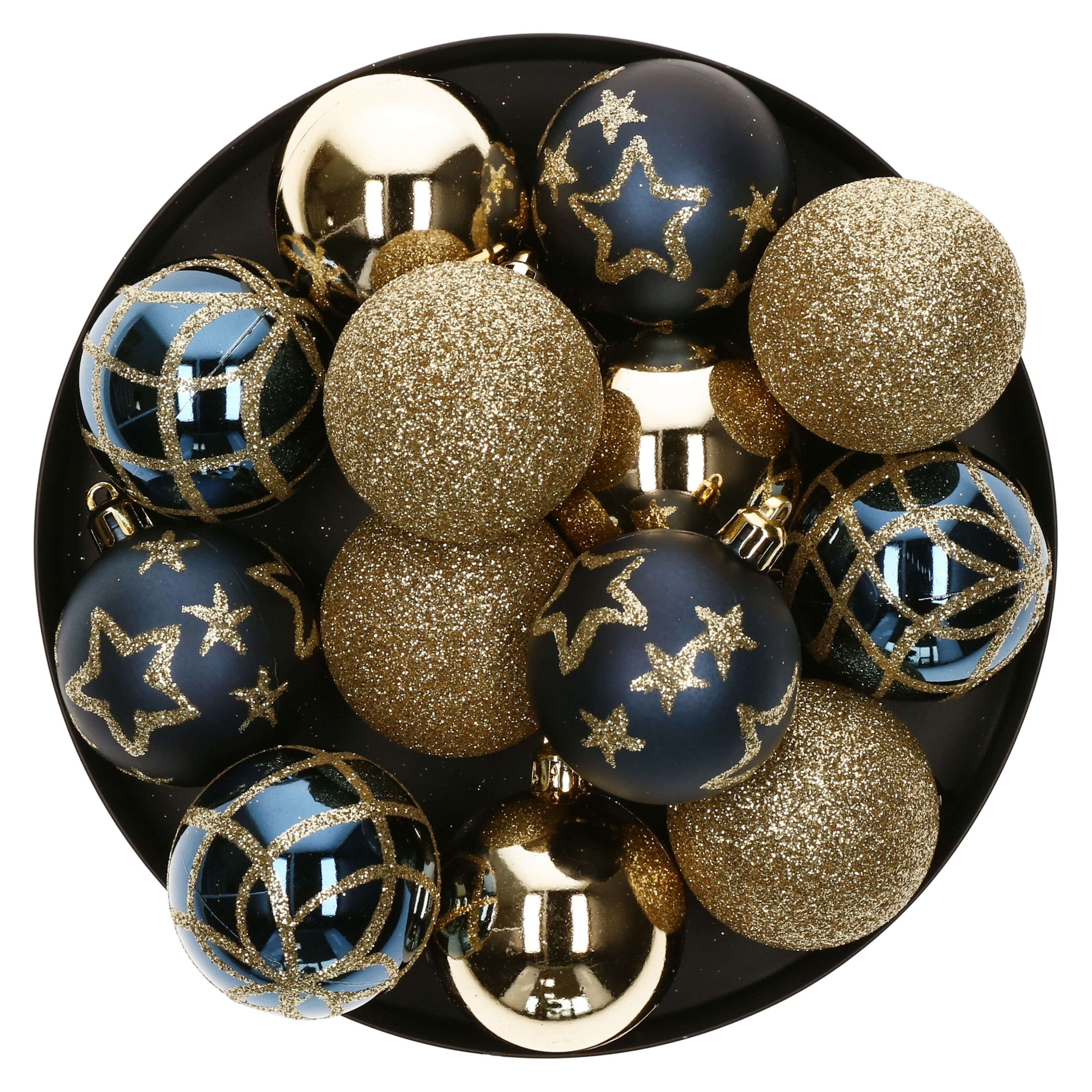 15x stuks kerstballen mix goud-blauw gedecoreerd kunststof 5 cm
