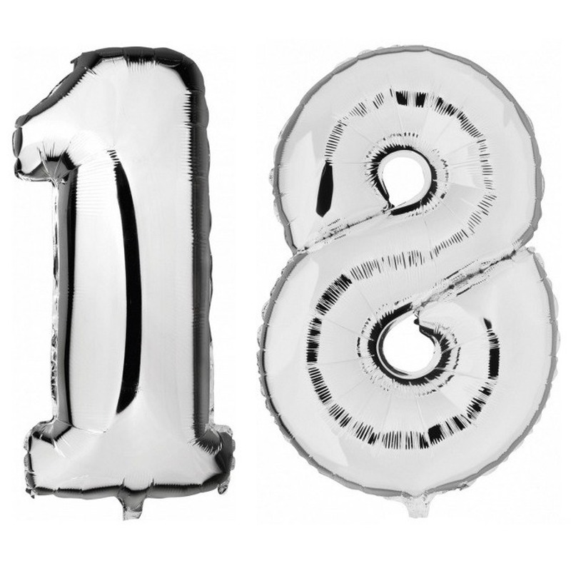 18 jaar zilveren folie ballonnen 88 cm leeftijd/cijfer -
