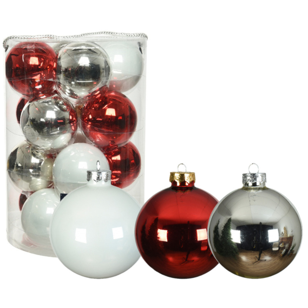 18x stuks glazen kerstballen wit, rood en zilver glans 8 cm - Kerstballen van glas