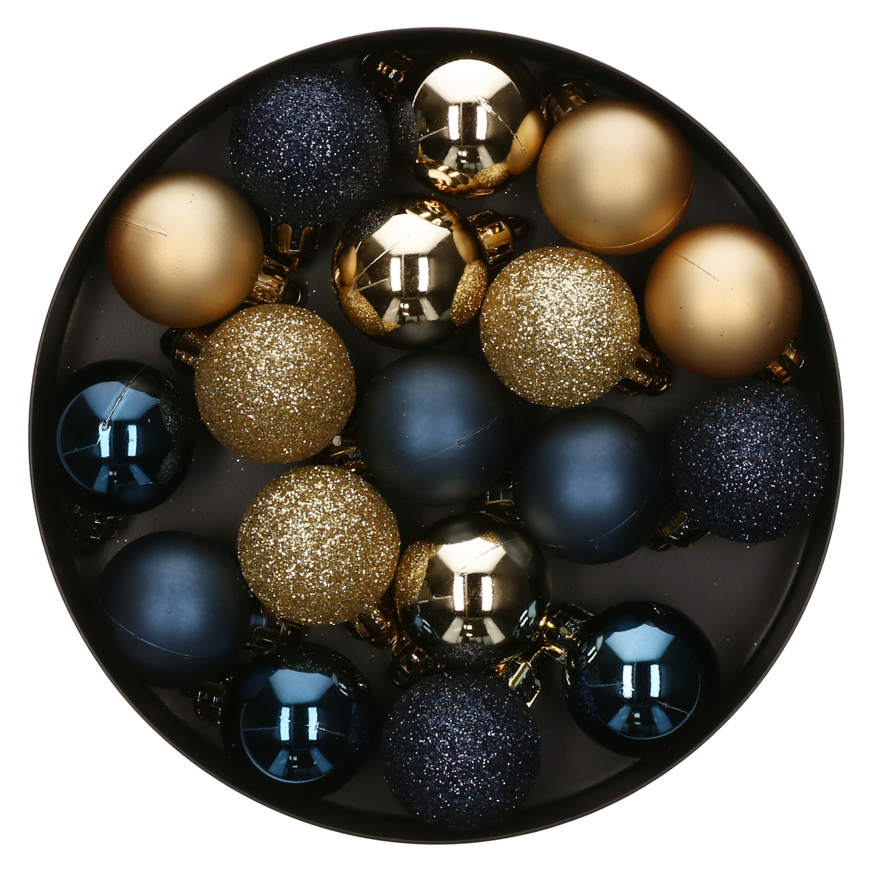 18x stuks kerstballen blauw-goud glans en mat kunststof 3 cm