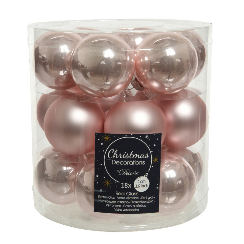 18x stuks kleine glazen kerstballen lichtroze (blush) 4 cm mat-glans