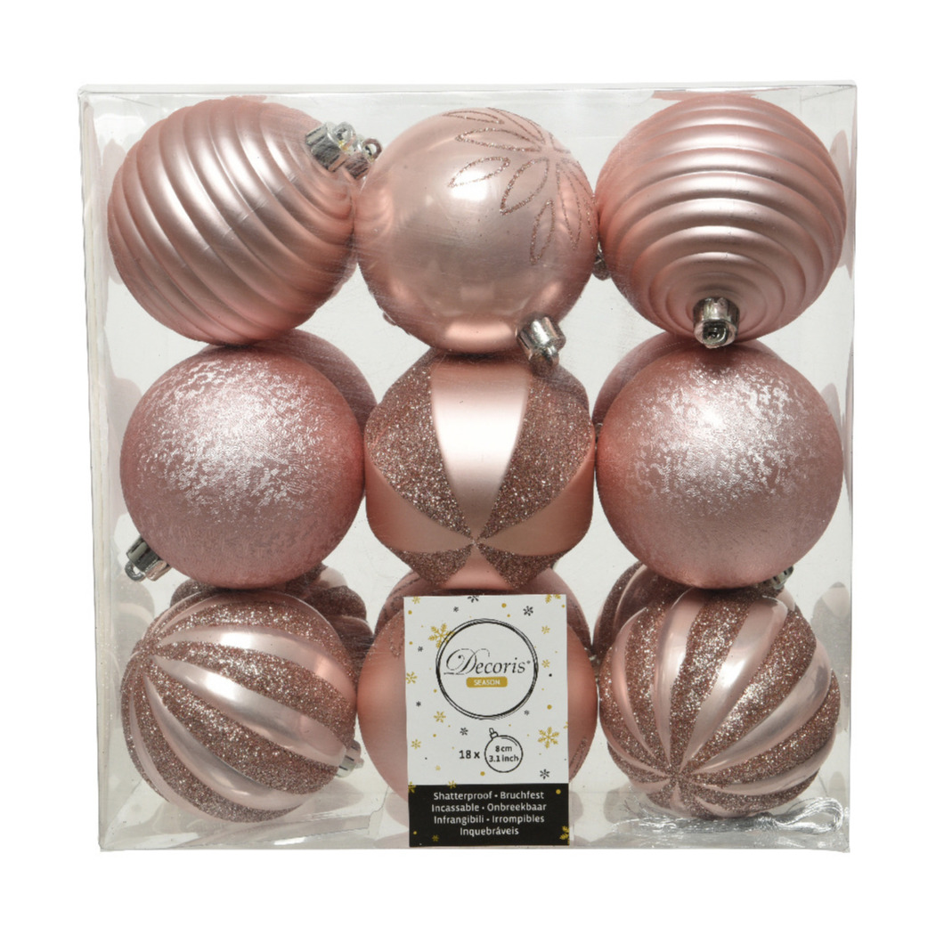 18x stuks kunststof kerstballen lichtroze (blush pink) 8 cm met luxe afwerking