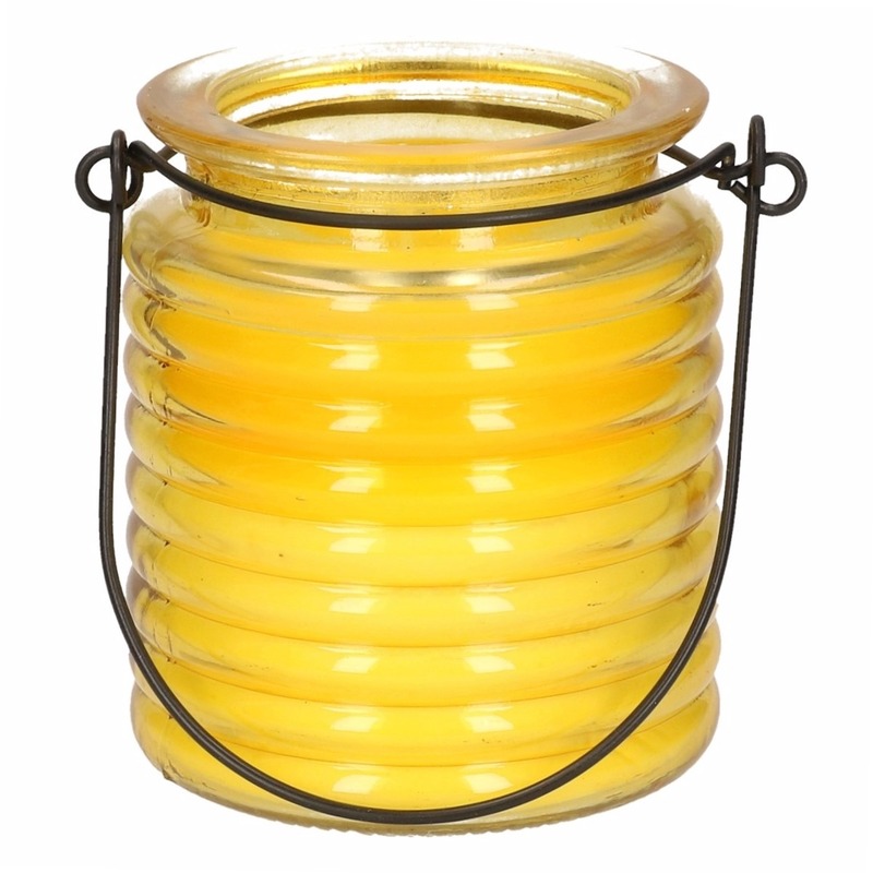 Merkloos 1x Citronellakaarsen in geel geribbeld glas 7,5 cm -