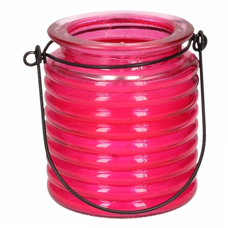 Merkloos 1x Citronellakaarsen in roze geribbeld glas 7,5 cm -