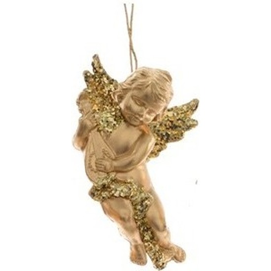 1x Gouden engel met lute kerstversiering hangdecoratie 10 cm -