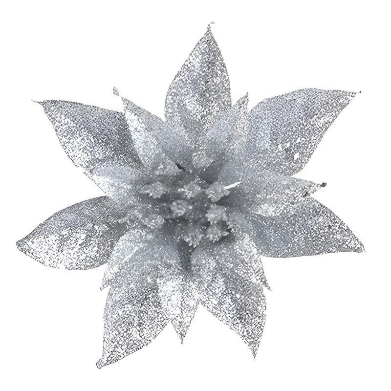 1x Kerstboomversiering op clip zilveren glitter bloem 15 cm