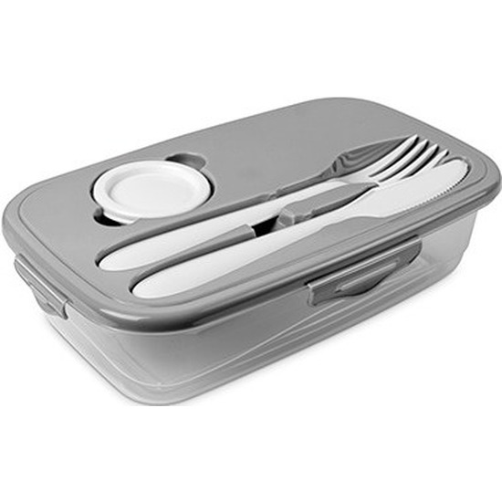 1x Lunchbox grijs met bestek 1 liter plastic