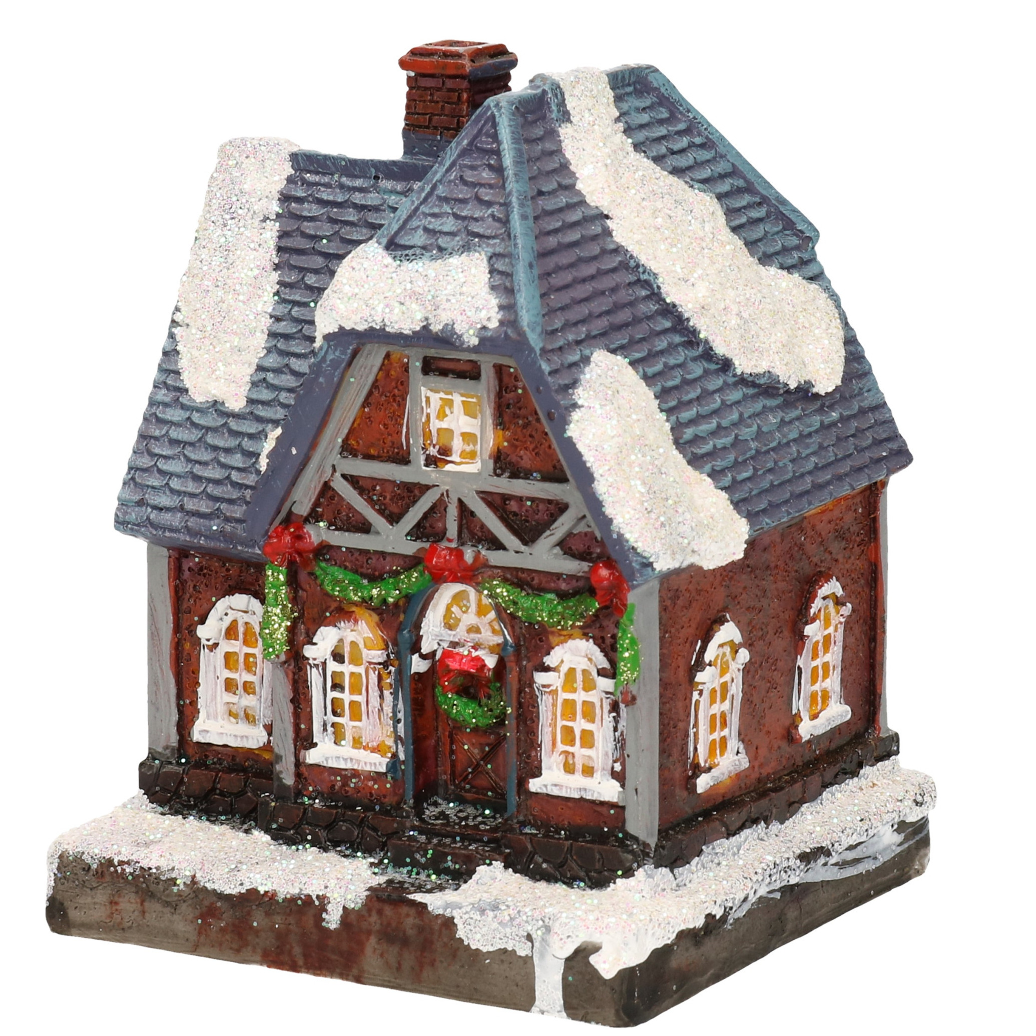 1x Polystone kersthuisjes-kerstdorpje huisjes blauw dak met verlichting 13,5 cm