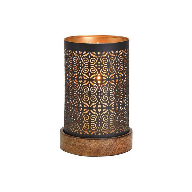 1x Waxinelicht-theelicht houders koper-zwart op houten voet 18 x 10 cm