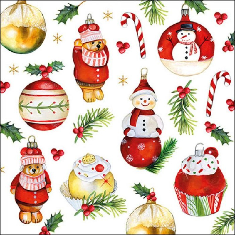 20x stuks kerstdiner/kerst thema servetten met kerstornamenten 33 x 33 cm -