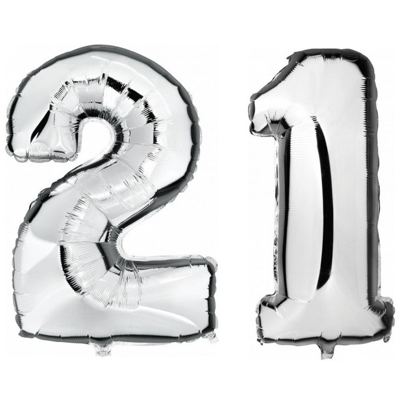 21 jaar zilveren folie ballonnen 88 cm leeftijd/cijfer -