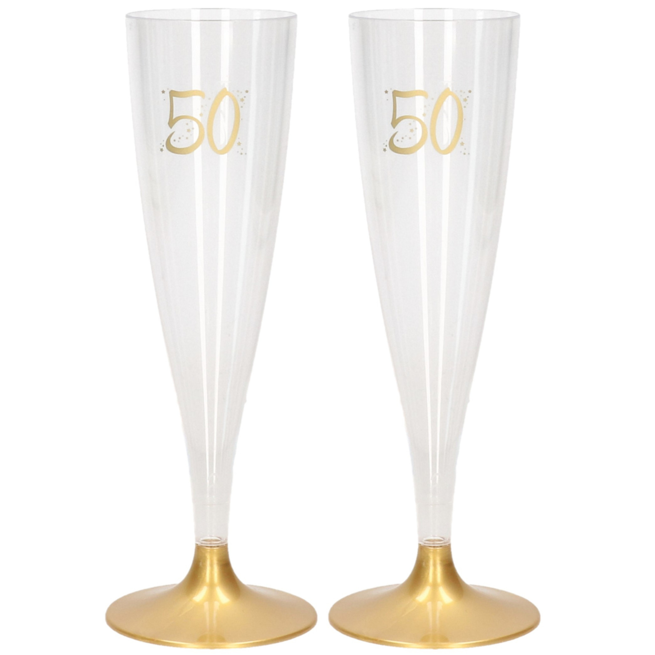 24x Champagneglazen/flutes 14 cl/140 ml van kunststof met gouden voet - Abraham/Sarah/50 jaar