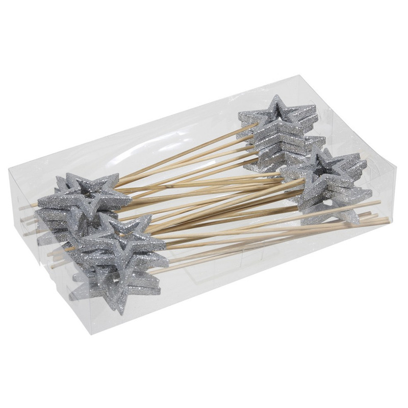 24x Kerststukje onderdelen zilveren stekers-instekers met open ster 6 cm
