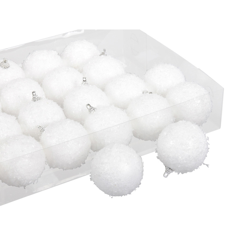 24x Kleine kunststof kerstballen met sneeuw effect wit 6 cm