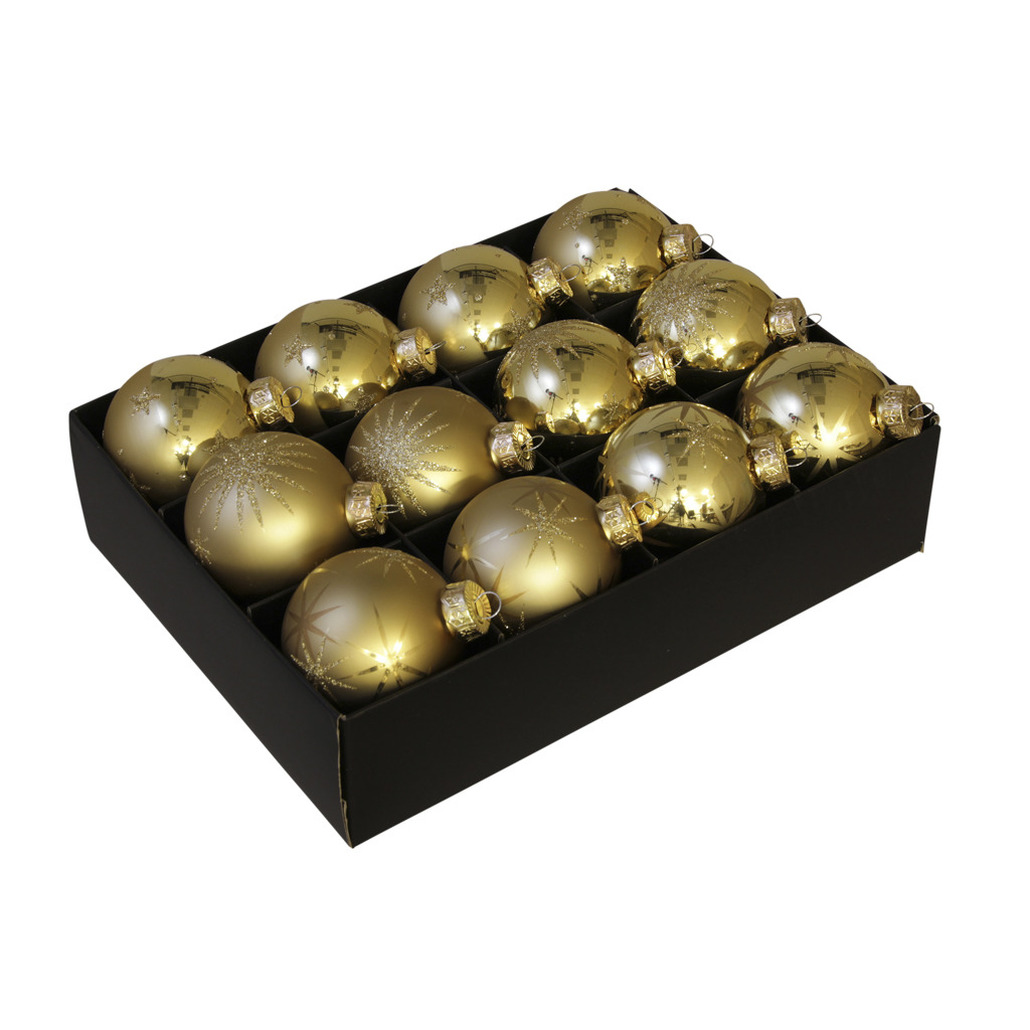24x Luxe glazen gouden sneeuwvlokken-sterren kerstballen 7,5 cm