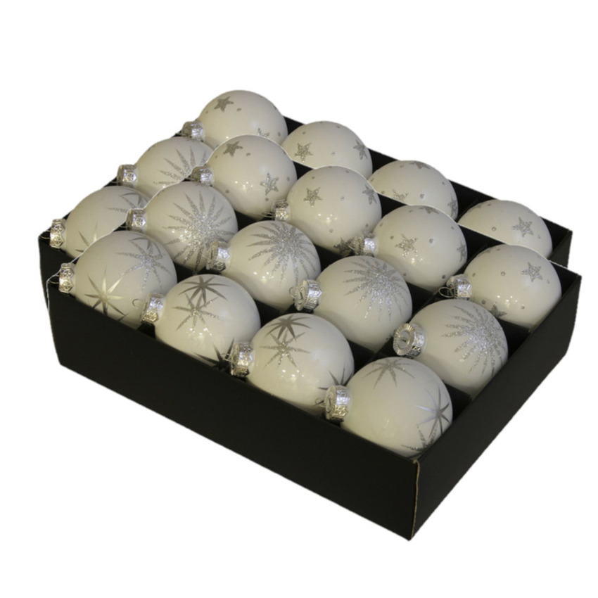 24x Luxe glazen sneeuwvlokken-sterren kerstballen wit 7,5 cm