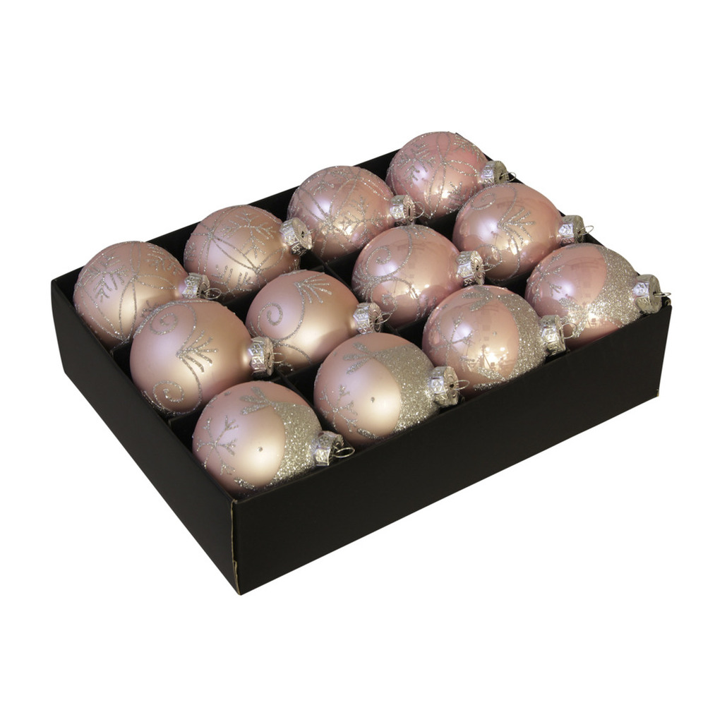 24x stuks luxe glazen gedecoreerde kerstballen licht roze 7,5 cm -