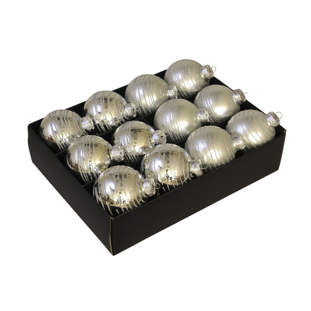 24x stuks luxe glazen gedecoreerde kerstballen zilver 7,5 cm