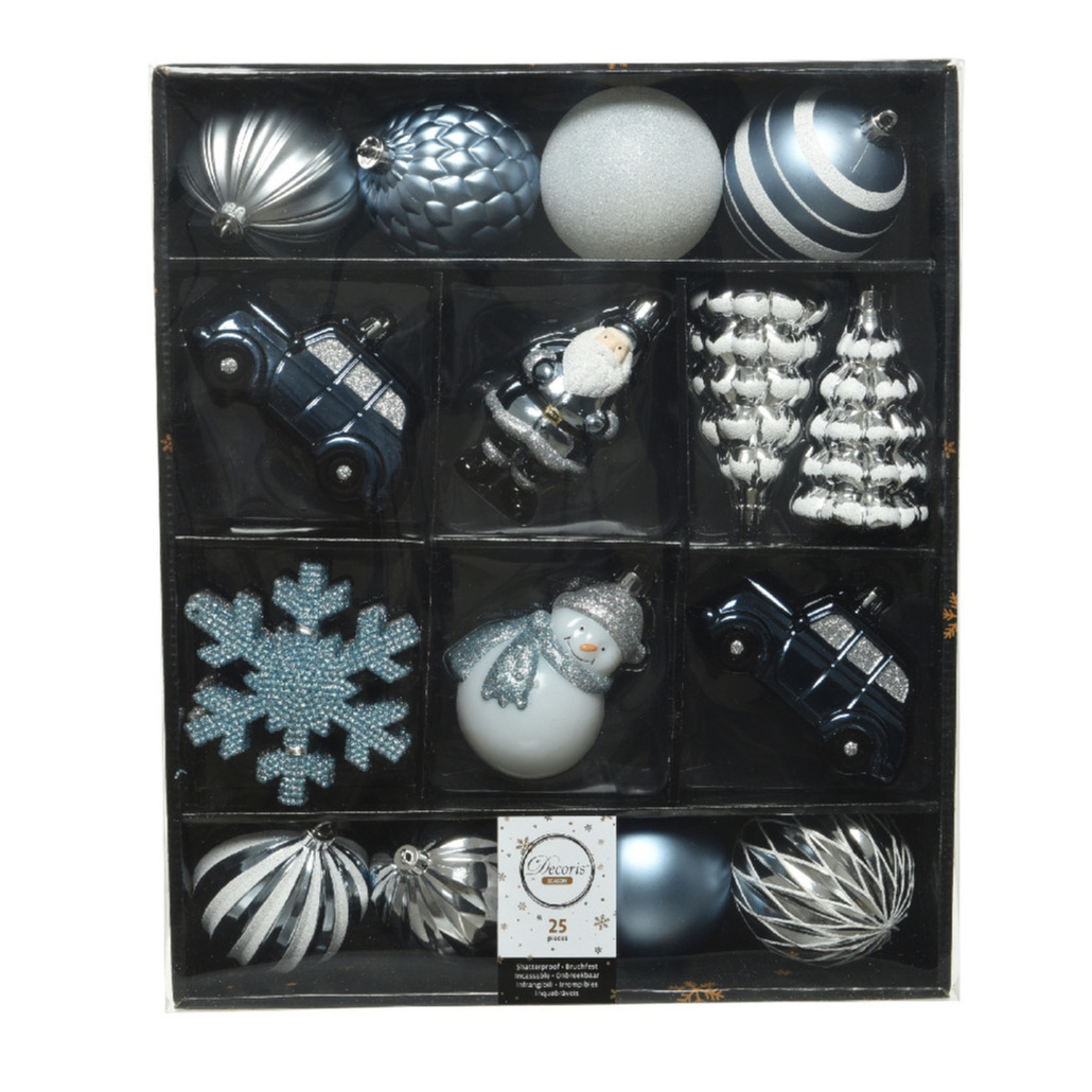 25x Kerstballen en kersthangers figuurtjes lichtblauw-wit kunststof