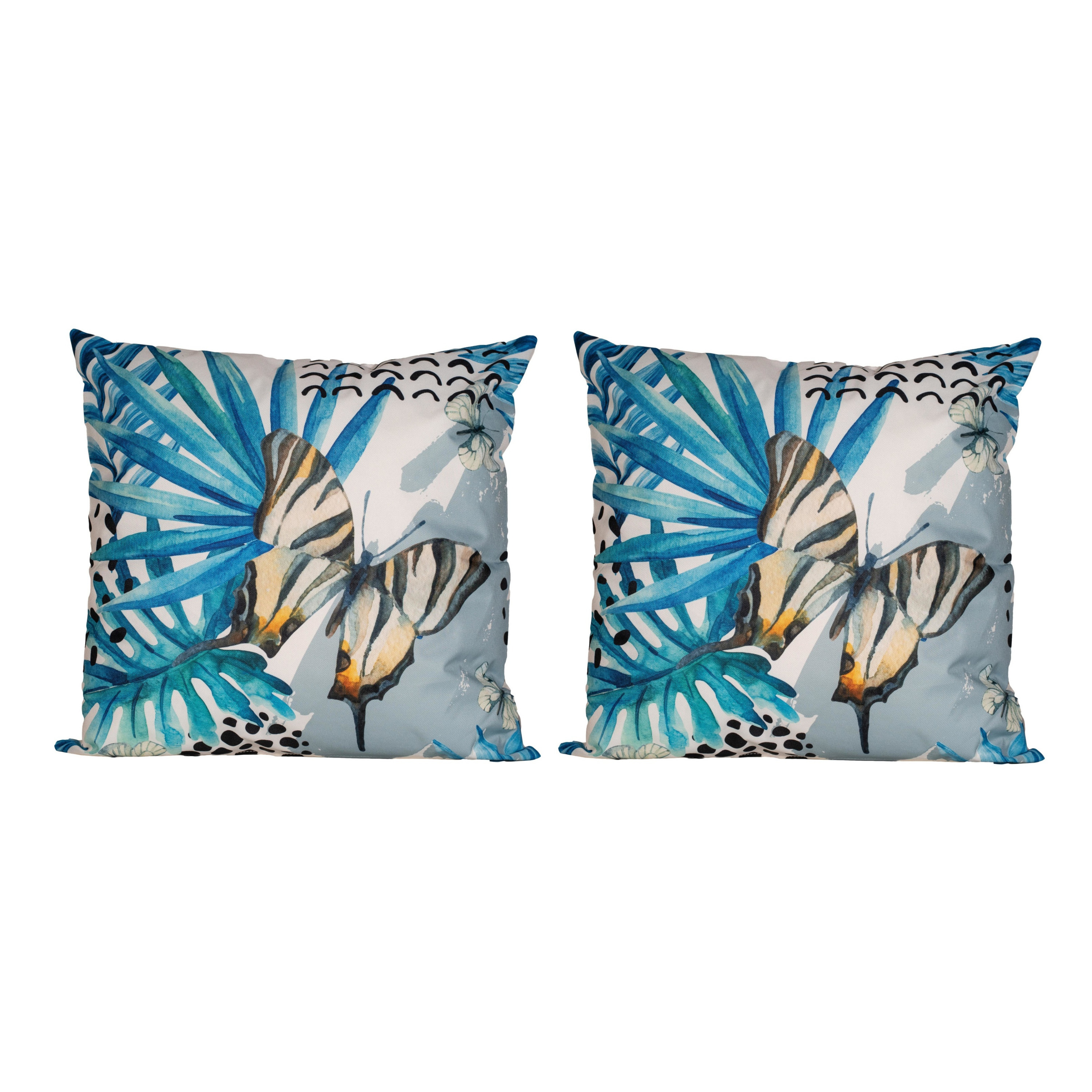 2x Bank-sier kussens met blauwe palm plant-bladeren print voor binnen en buiten 45 x 45 cm