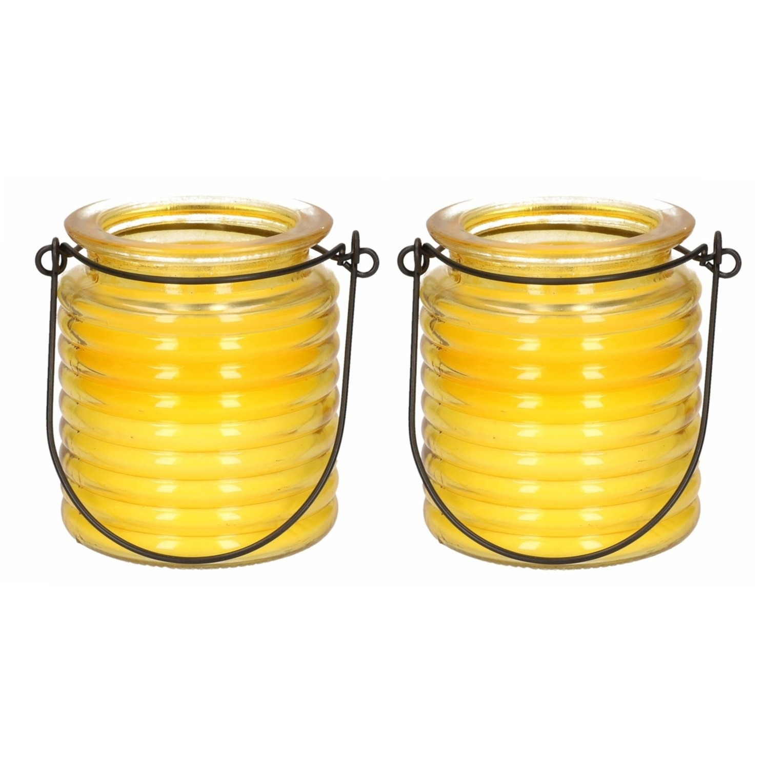 Merkloos 2x Citronellakaarsen in geel geribbeld glas 7,5 cm -
