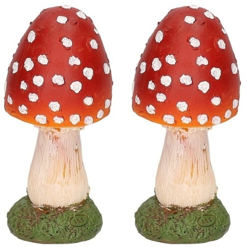 2x Decoratie huis-tuin beeldje paddenstoel 13 cm