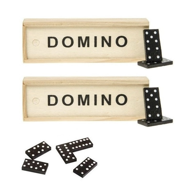 2x Domino spellen in houten kistje 28 steentjes