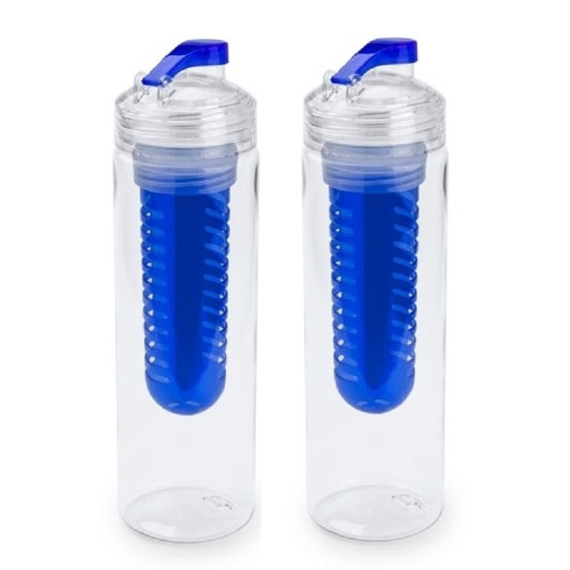 2x Drinkfles-waterfles met fruitfilter blauw 700 ml