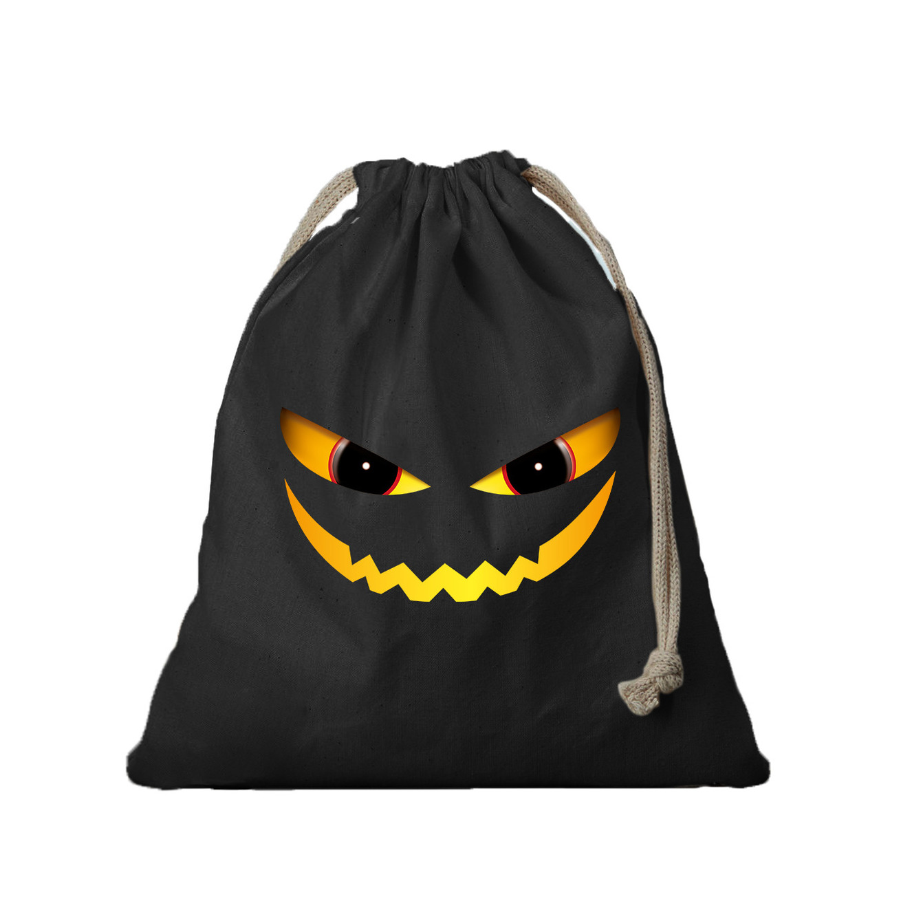 2x Duivel gezicht halloween canvas snoep tasje/ snoepzakje zwart met koord 25 x 30 cm