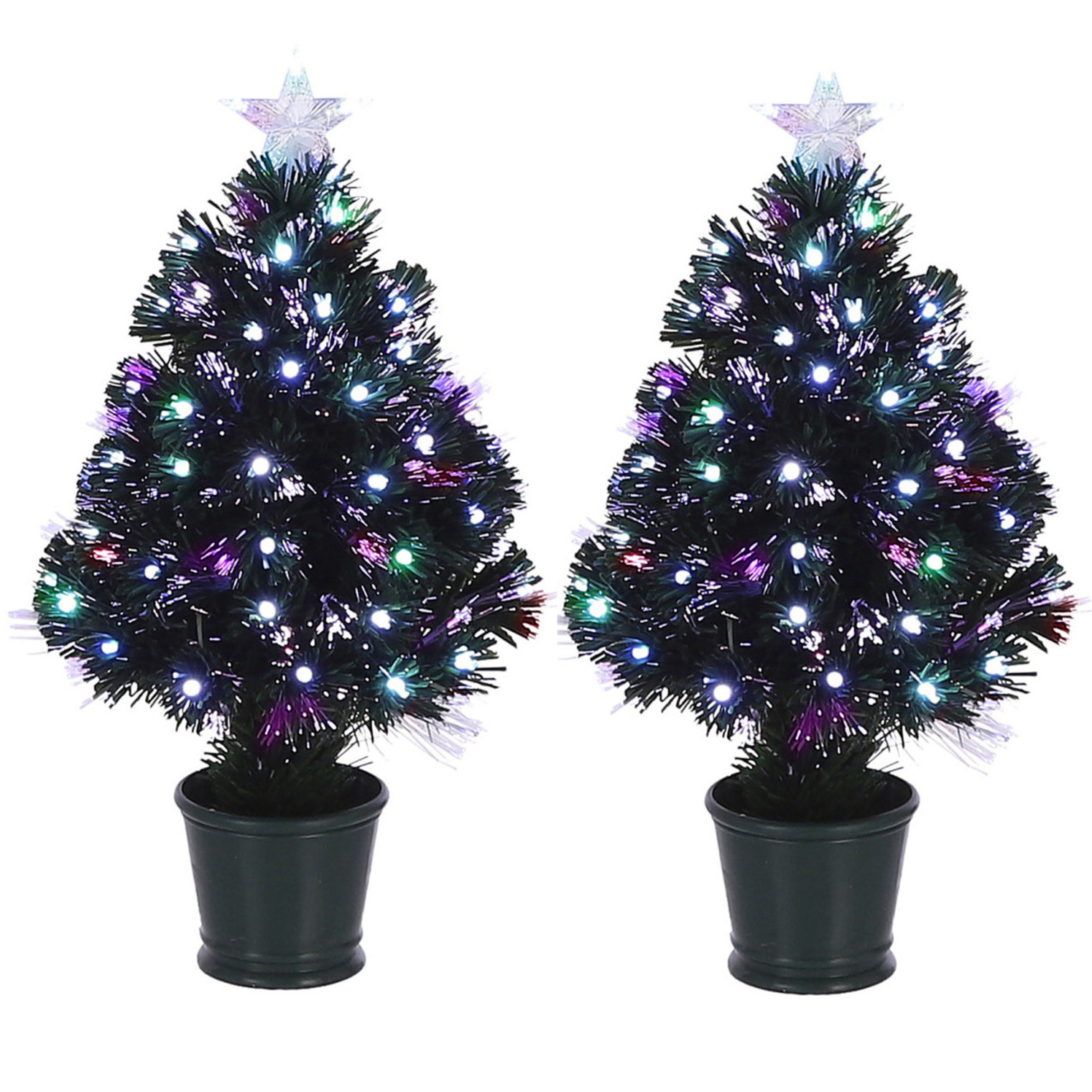 2x Fiber optic kerstboom-kunst kerstboom met knipperende verlichting en piek ster 60 cm