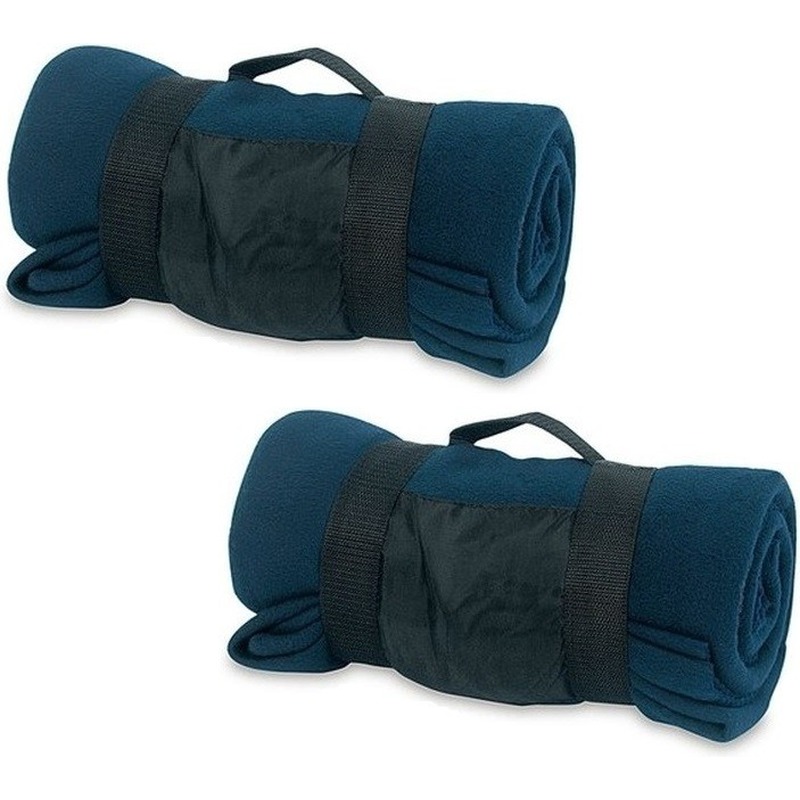 2x Fleece dekens-plaids blauw afneembaar handvat 160 x 130 cm