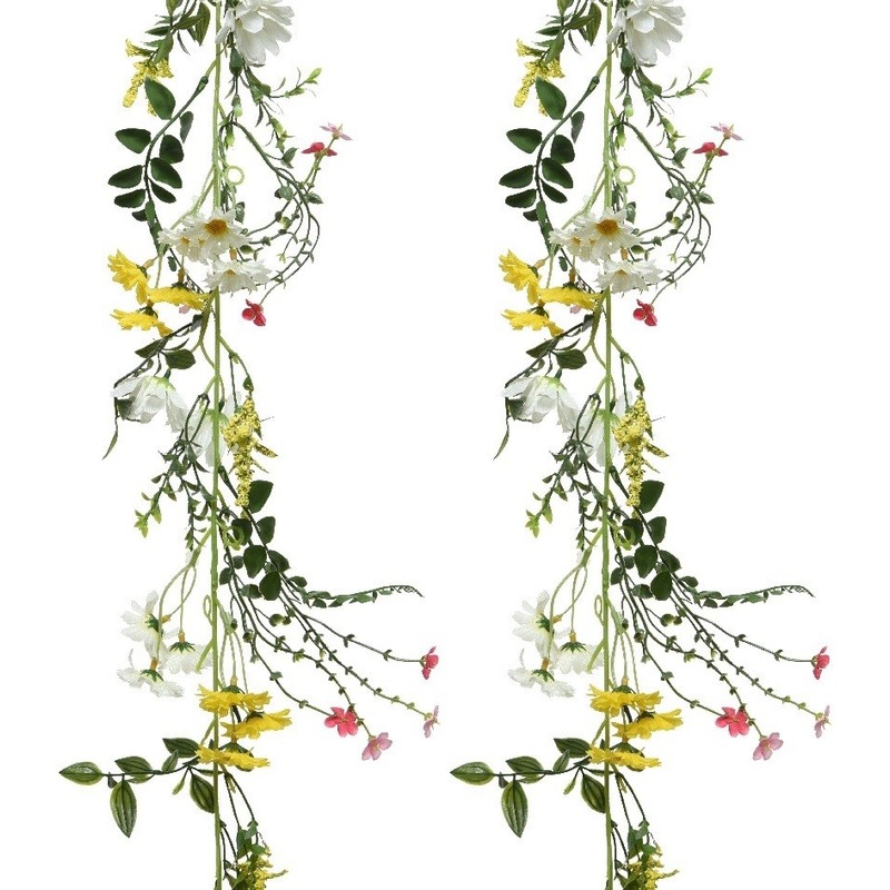 2x Gele/witte kunsttak kunstplanten slingers 180 cm - Kunstplanten/kunsttakken