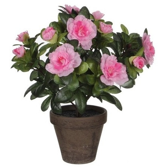 2x Groene Azalea kunstplant roze bloemen 27 cm in pot stan grey