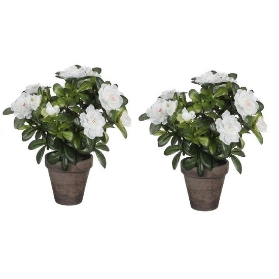 2x Groene Azalea kunstplant witte bloemen 27 cm in pot stan grey