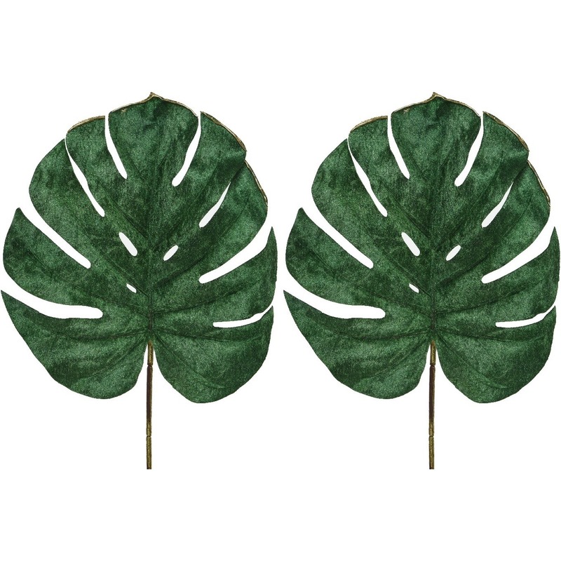2x Groene fluwelen Monstera-gatenplant kunsttakken-planten 80 cm