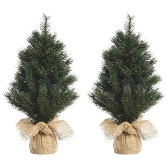 2x Groene kunst kerstbomen 45 cm met jute zak-kluit
