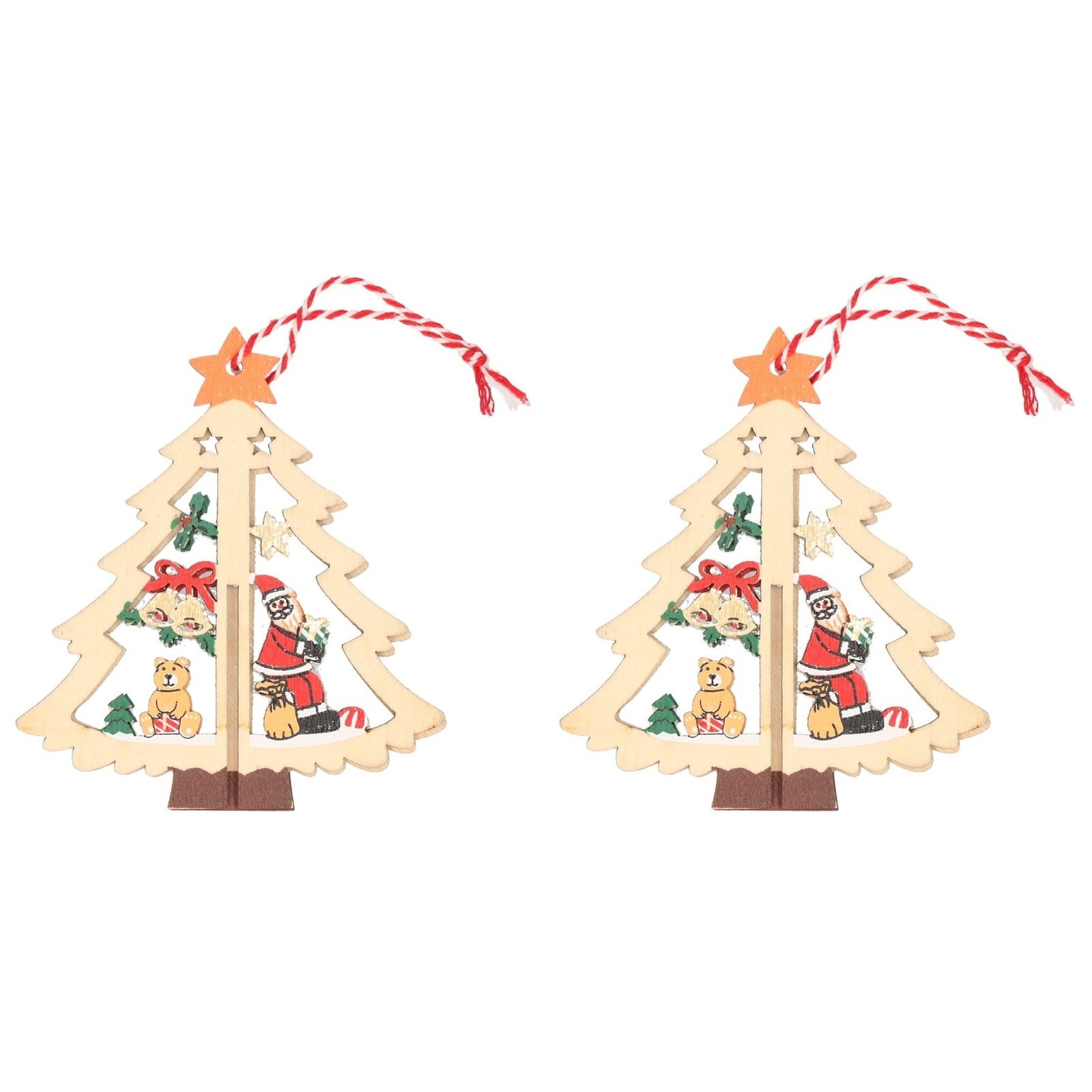 2x Houten bomen met kerstman kerstversiering hangdecoratie 10 cm