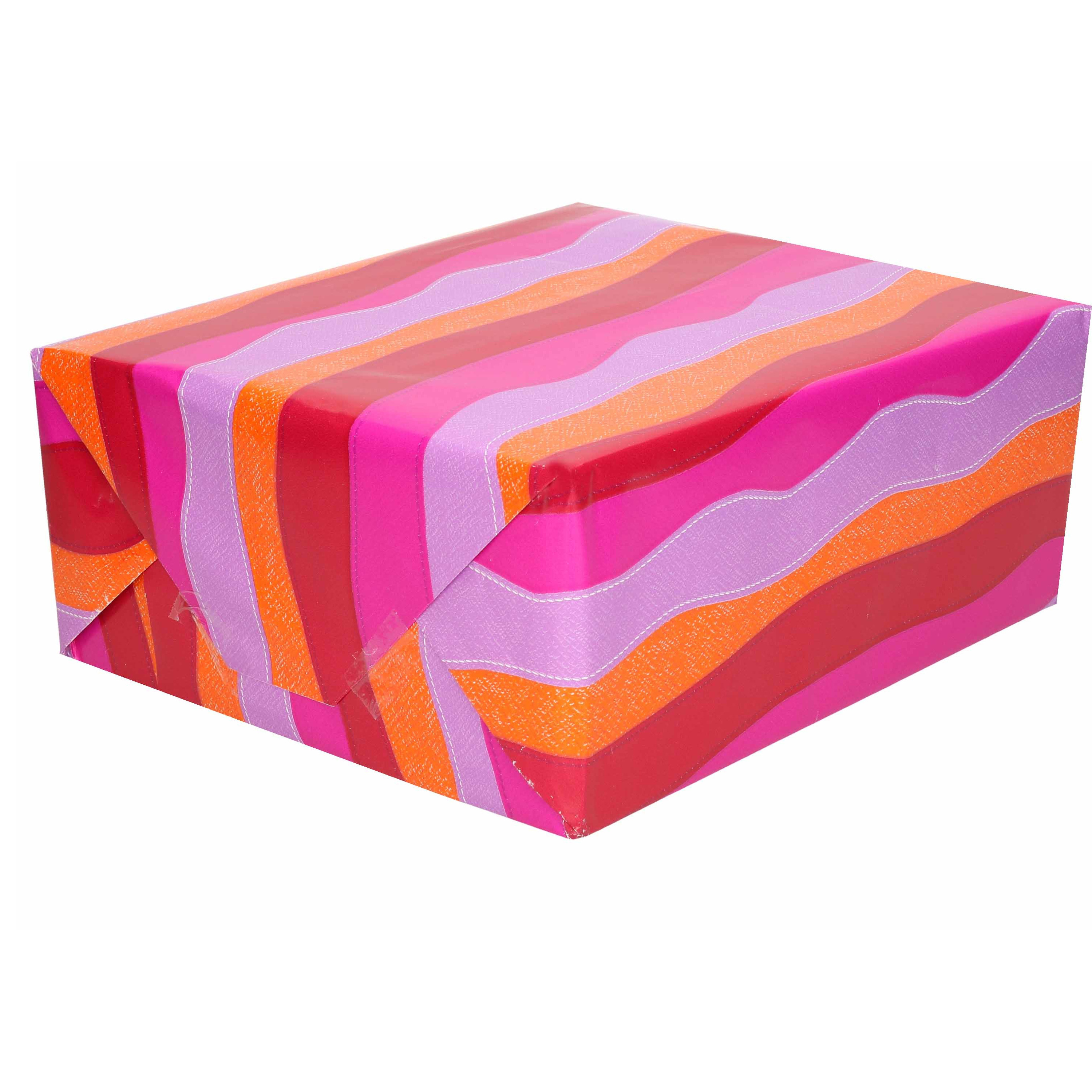 2x Inpakpapier-cadeaupapier roze-paars-oranje-rood in golf 200 x 70 cm