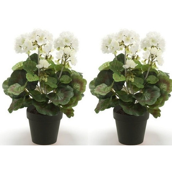 2x Kunstplant Geranium wit in zwarte pot 35 cm -