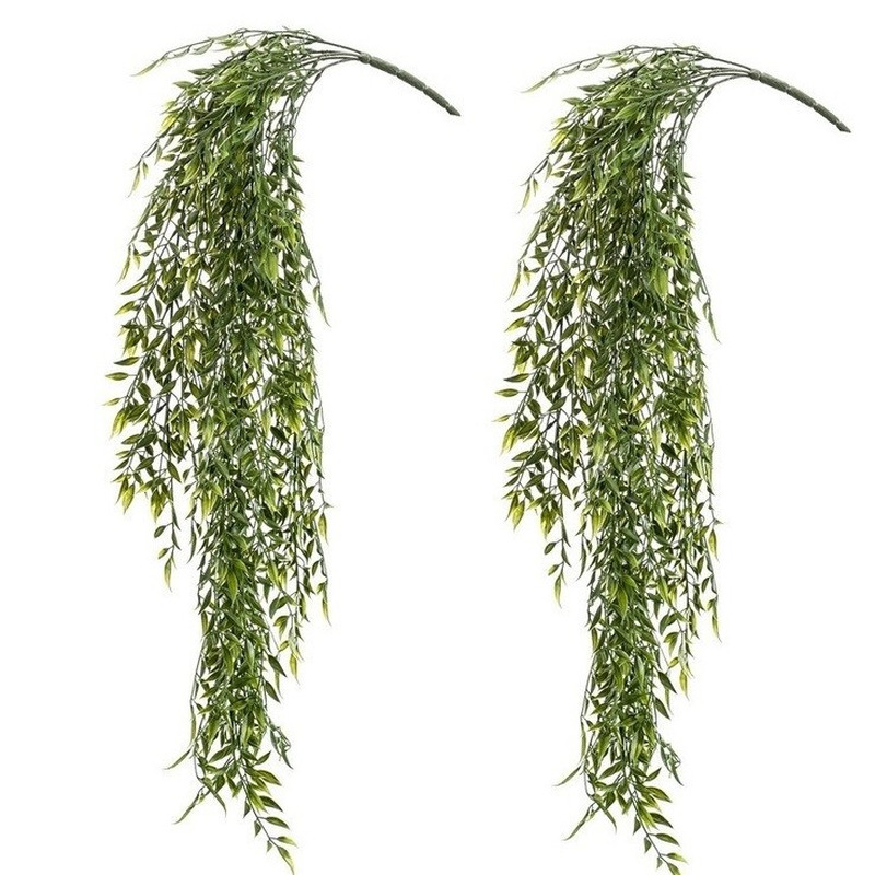 2x Kunstplant groene bamboe hangplant-tak 80 cm UV bestendig