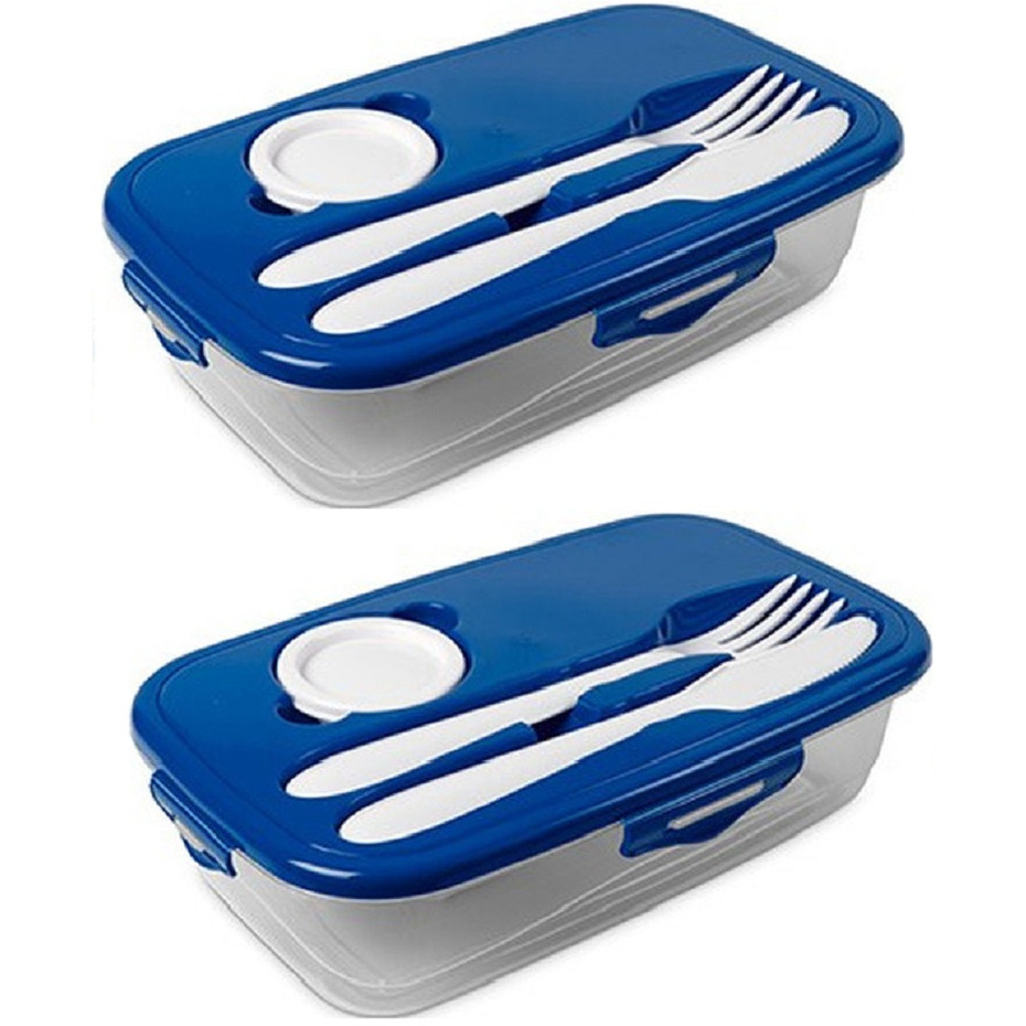 2x Lunchbox blauw met bestek 1 liter plastic